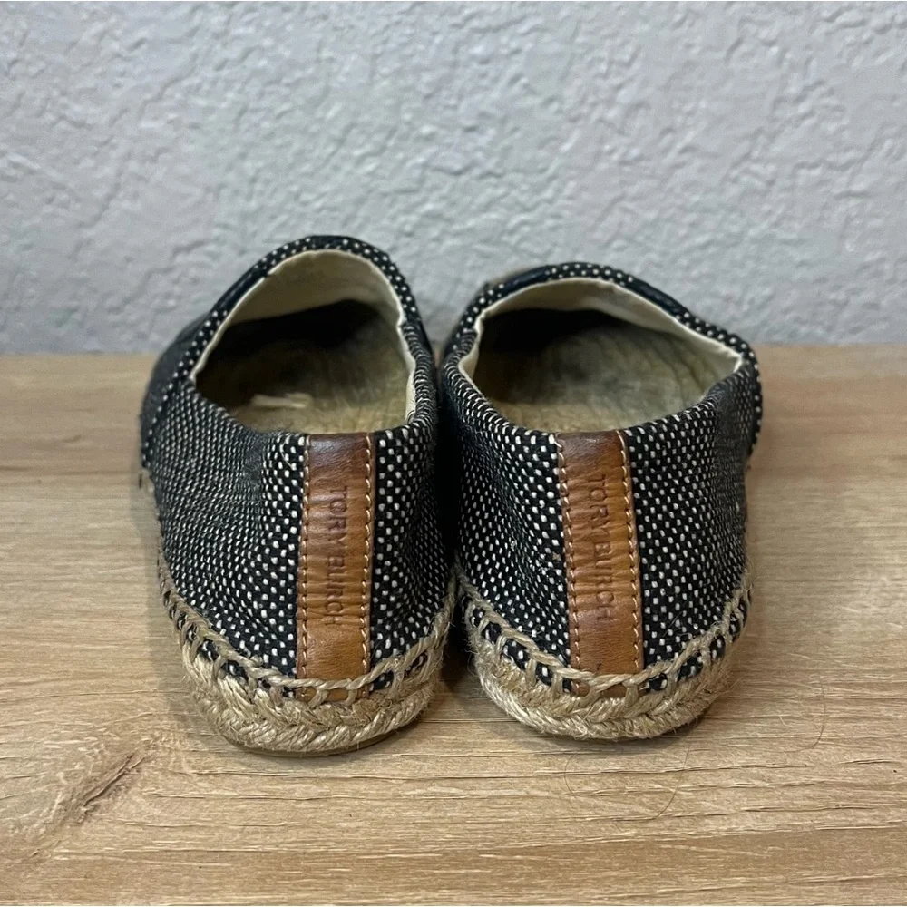 Tory Burch Espadrille Flats Black Leather Women's Size 5M